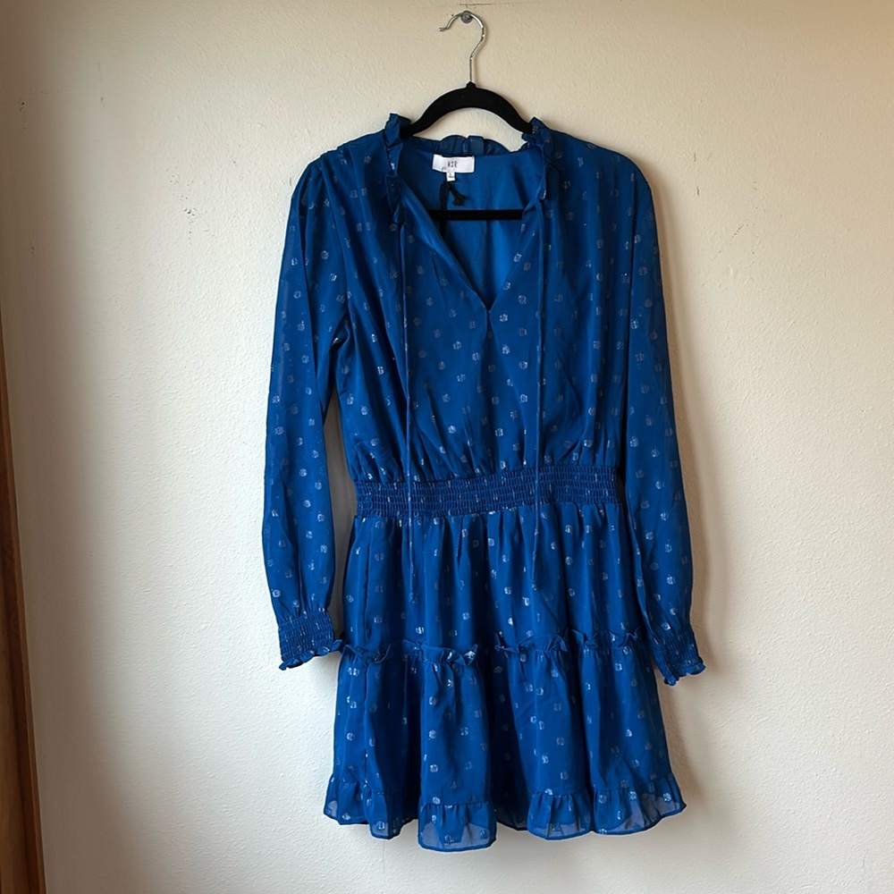 Smocked Long Sleeve Blue Polka Dotted Dress